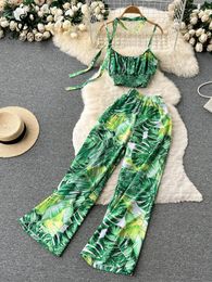 Pants SINGREINY Vacation Print Set Women Summer 2022 Backless Strap Camisole Elastic Waist Wide Leg Pants Beach Style Two Piece Suits