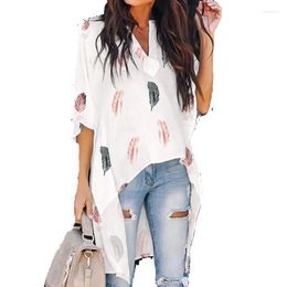 Women's T Shirts Fashion 5XL Plus Large Size Womens Blouses Summer Tops Leisure Blouse White Loose Feather Print V-neck Long Blue Rose