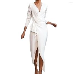 Casual Dresses Women Elegant Front Twist Drape Long Dress Solid Colour V Neck Wrap Split Midi Ladies Clothing Formal Vestido