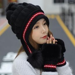 Berets Non-shrink 2Pcs/Set Beautiful Cold Winter Women Hat Mittens Kit Washable Woollen Yarn Gloves Large Pompoms For Outdoor