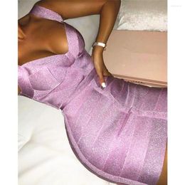 Casual Dresses 2023 Summer Women Bandage Dress Vestidos Sexy Sparkly Celebrity Runway Party V Neck Backless Purple Club