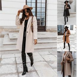 Women's Wool & Blends Women Long Sleeves Coats Lapel Neck Loose Casual Jackets Top Fashion Warm Winter Fall Outwear With Pocket Female Pure