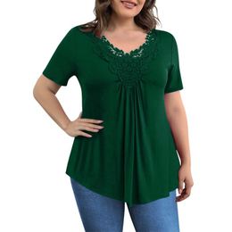 Women's Blouses & Shirts Plus Size Lace Tops 2023 Summer Short Sleeve V-neck Black Green Shirt Elegant Blouse ClothesWomen's