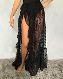 Cover-up 2021 New Hot Summer Women's Mesh Sheer Polka Dot Long Split Skirts Sexy Beach Sunscreen Bikini Cover Up Wrap Skirt