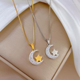 Chains Greatera Trendy Stainless Steel Rhinestone Moon Star Pendant Choker Necklaces For Women Gold Silver Colour Chain Necklace Jewellery