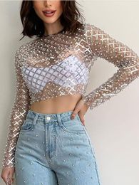 T-Shirt Mozision Embroidered Flares Glitter Sexy Tshirt Women O Neck Full Sleeve Crop Top Ladies Mesh Shiny Slim Party Tshirts Tops
