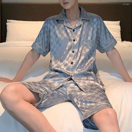 Men's Sleepwear 2 Pcs/Set Men Pajamas Set Plaid Print Short Sleeves Buttons Loose Turn-down Collar Elastic Waist Shorts