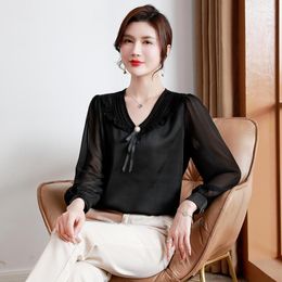 Women's Blouses Office Lady Beige Black Silk Tops V-Neck Long Sleeve Shirts Women Plain Collar Basic Chic Classy Clothes 2023 Spring