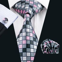 Grid Gray Pink Silk Tie Hanky Cufflinks Mens Set Jacquard Woven Classic 8 5cm Width Wedding Party Business N-0482199C