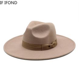 2021 New British Style Men Women Winter Wool Fedoras Cap 9 5cm Big Wide Brim Wedding Jazz Hats281l