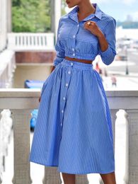 Two Piece Dress Fashion Spring and Autumn Temperament Long Sleeve Striped Shirt Suit Skirt Twopiece Women Sets 230512