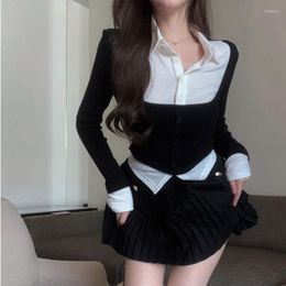 Women's T Shirts 2023 Spring Streetwear Contrast Color Patchwork Sexy Slim Long-sleeved T-shirt Women Casual A-line Skirt Two-piece Suit