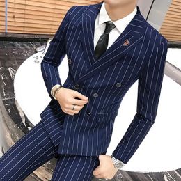 Men's Suits & Blazers Suit Fashion Brand Blue Stripe Pants Jacket Vest Three-piece Mens Costume Groomsmen Latest Coat 2023 Designs