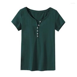 Women's T Shirts 2023 Summer Women's Casual Solid Colour V-neck Nail Button Short-sleeved T-shirt Slim Cotton Simple Top