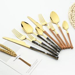 Flatware Sets Wooden Handle Texture Western Tableware Set Stainless Steel Cutlery Knife Fork Spoons Teaspoon Dinner Service Dinnerware