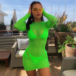 Cover-up 2019 HIRIGIN New Women Sheer Mesh Bikini Cover Ups Dress Beachwear Swimwear Transparent Mesh Neon Beach Mini Dress Summer Tunics