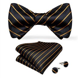 Hi-Tie Bow Tie Set Luxury Black Gold Striped Silk Self Bow Tie for Men Drop LH-0093269o