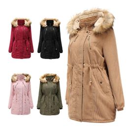 Women's Wool & Blends Ladies Hooded Corduroy Winter Cotton Coat Thickened Medium And Long Warm Tweed Jacket Clothes Office Lady Teddy