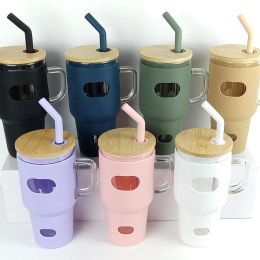 New Arrival 32OZ Glass Mugs 32oz Tumblers with handle lid and Silicone Sleeve Coffee Tea Mason Jars 0513