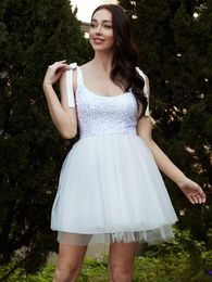 Casual Dresses Missord Mesh Mini Dress Open Back Sequin Homecoming White