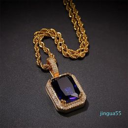 14K Gold Plated Red Ruby Blue Square Hip Hop Lab Diamond Pendant Chain Necklace Iced Jewelry for Men Women gifts