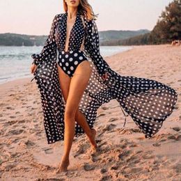 Cover-up Classical Polka dot Women Swimsuit Cover Up Sleeve Kaftan Beach Tunic Dress Robe De Plage Cotton Pareo Malachite Green Beachwear