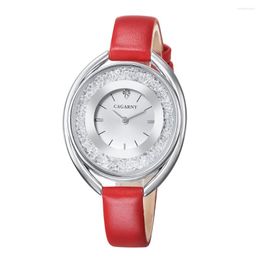 Wristwatches Wrist Watches For Women Cagarny Ladies Red Leather Strap Watch Woman Silver Case Relogio Feminino 2023