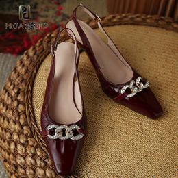 Dress Shoes French Retro Elegant Red Sandals Summer 2023 Crystal Buckle Strap Thick Heel High Women