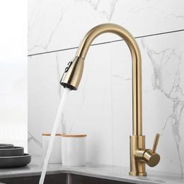 Kitchen Faucets Tuqiu Brushed Gold Faucet Single Handle Pull Out Tap Hole Swivel Mixer