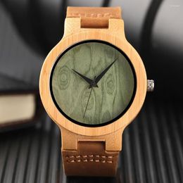 Wristwatches Creative Bambood Wooden Wristwatch Green Dial Quartz Wood Watch For Men Women Brown Leather Band Watches Simple Clock Gift