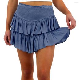 Skirts Sexy Mini Skirt High Waist Pleated Elastic Waistband Solid Colour Summer Double Layer Ruffle Hem Streetwear