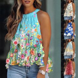 Women's Blouses Women Summer Suitable Shirt Elegant Print Sleeveless Tank Top Ruffle Tail Flowy Tunic Flower For 4 Large