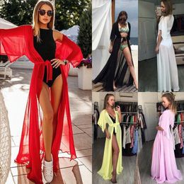 Cover-up Summer Lady Beach Cover Up Sexy Bikini 2023 Chiffon Long Dress For Women Solid Beach Dress Women Bathing Suit Beach Tunic Kaftan