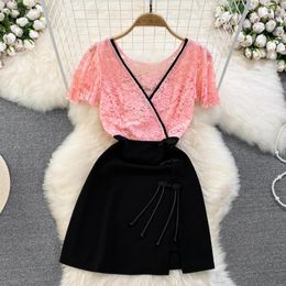 Party Dresses 2023 Summer Korean Fashion Sexy Lace Contrast Panel Low Cut V-neck Waist Short A-line Dress