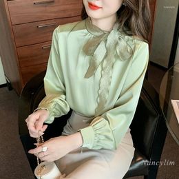 Women's Blouses 2023 Spring Stand-up Bow Collar Bowknot Lace-up Shirt Women's Elegant Loose Long Sleeves Top Ladies