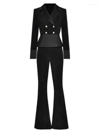 Women's Two Piece Pants Black Suit Double Row Button Short Coat Horn Trousers Thickened In Winter Femininity Office Formal Occasions 2023