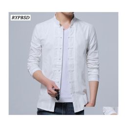 Men'S Casual Shirts Mens Linen 2023 Men Slim Fit Chinese Shirt Mandarin Collar Long Sleeve Button 3 Colors Drop Delivery Apparel Clot Dhqh4