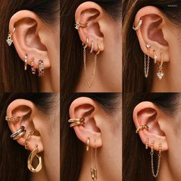 Hoop Earrings 4pcs/set Vintage Rock Twist Heart Cartilage Ear Cuff With Long Chain Zircon Women Punk Piercing Huggie Jewellery