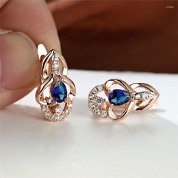 Hoop Earrings Hollow Double Heart For Women Rose Gold Color Pear Cut Blue Green Pink Black Red Zircon Small Ear Buckle Jewelry