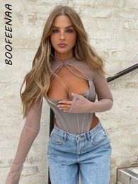 T-shirt BOOFEENAA Sheer Mesh Long Sleeve Hollow Out Corset Top Sexy Elegant Blouses for Women Clothing 2023 Fashion Tshirts C92CG21