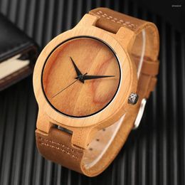 Wristwatches Retro Wood Watches Fashion Simple Casual Wristwatch Natural Wooden Bamboo Handmade Brown Leather Strap Watch For Men Women Gift