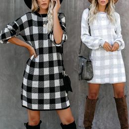 Casual Dresses Womens Loose Baggy Houndstooth Plaid Wool Blend Midi Shirt Dress Athleisure Girl Female Fashion Round Neck