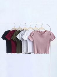 T-Shirt Vintage Wood ears O neck Short sleeve Tshirt 2023 New Woman Slim Fit t shirt tight tee Summer Retro Tops 6 colors