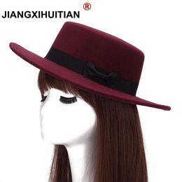 New Wool Boater Flat Top Hat For Women's Felt Wide Brim Fedora Hat Laday Prok Pie Chapeu de Feltro Bowler Gambler Top278D