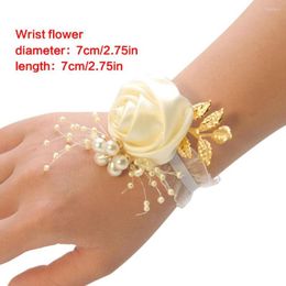 Decorative Flowers Bridesmaid Wrist Rose Corsage Pearl Polyester Ribbon Bracelet Wedding Accessories