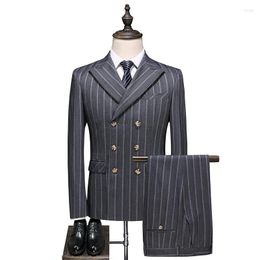 Men's Suits Grey High Quality Gentleman Striped Double-Breasted Suit Three-Piece Wedding Party Elegant Luxury