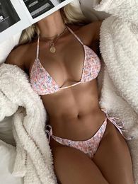 Women's Swimwear 2023 Printed Fashion Sexy Bikini Swimsuit Women's Foreign Trade Lace-up Halterneck Teenage Girls