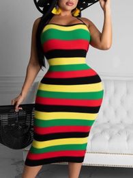 Plus size Dresses LW Size Striped Backless Colour Contrast Sleeveless Mid Calf Wrapped Skirt Rainbow Overalls Boho Maxi 230512
