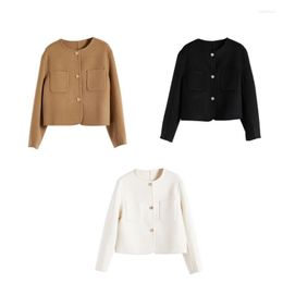 Women's Jackets Womens Long Sleeve Single-Breasted Button Wool Coat Vintage Elegant Round Neck Solid Colour Cropped Outerwear