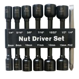 Contactdozen 14 Pcs Power Magnetic Nut Driver Drill Bit Set Metric SAE Socket Wrench And Screw 1/4 Inch Dr. Hex